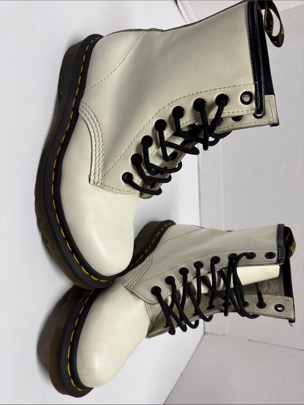 Dr. Martens White Lace-Up Combat Boots with Black Laces and Yellow Stitching